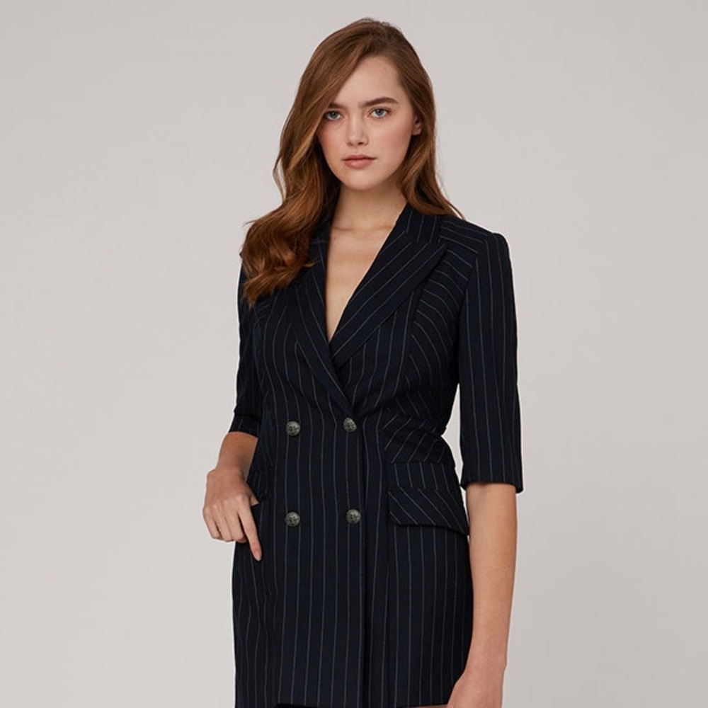 Saks Fifth Avenue 10 dress coat wool black pinstripe button long sleeve